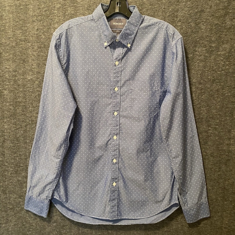 Bonobos Shirt Mens M Blue Polka Dot Slim Fit Chambray Button Down Office Preppy